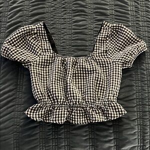 Eyeshadow Black and White Checkered Puff Sleeve Blouse